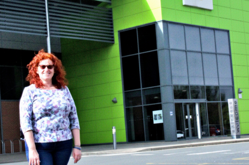 Cllr Karen Holmes outside Perdiswell Leisure Centre