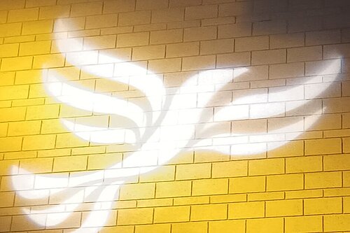 Lib Dem logo bird projected on blockwork
