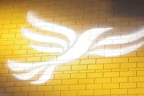 Lib Dem logo bird projected on blockwork