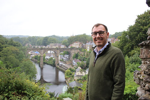 Tom Gordon MP at Knaresborough Castle with a view of the viaduct 