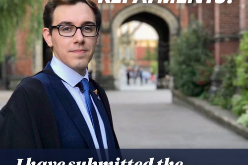 Tom stood in front of his Uni as a student with the words "concerned about student loan repayment?" written above 
