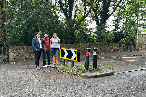 Councillors Sam Al-Hamdani, Alicia Marland and Mark Kenyon at a chicane at Beckett Street in Lees