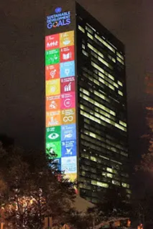 Image courtesy of http://blog.felixdodds.net/2017/05/blog-3-possible-additions-to-enhance.html The UN's 17 Sustainable Development Goals projected onto their head quarters