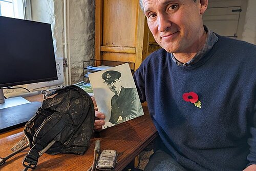 With a photo of my Dad and my Grandpa's flying helmet and cigarette case