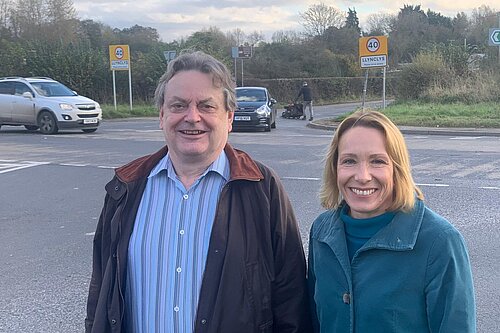 Helen Morgan with a local councillor at the Llynclys Crossroads
