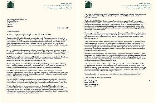 Image of the cross-party letter to the PM on Tropical Forests Forever Facility
