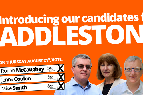 Addlestone by-election candidates Ronan McCaughey, Jenny Coulon and Mike Smith