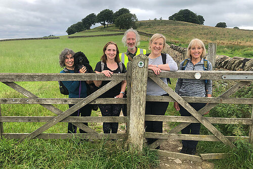 Lisa Smart MP with chair Richard Hawkins, coordinator Roz Hughes, stage guardians Rebecca Baron and Christine Whitehead, and Rebecca’s dog Ellie