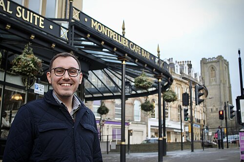 Tom Gordon MP outside Bettys Tea Rooms