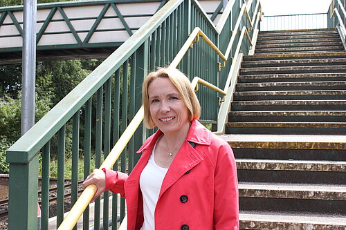 Helen Morgan at Whitchurch Station steps
