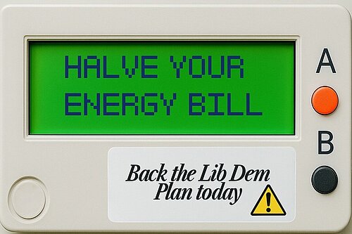 Mock-up energy meter reading "Halve your energy bill - back the Lib Dem plan today"