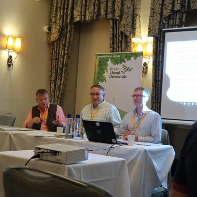 Image courtesy of greenlibdems.org.uk GreenLibDems AGM 2018 : Graham Neale (Chair), Martin Horwood (President) and Peter Bruce (Vice Chair)