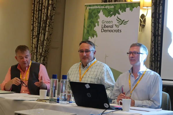 GreenLibDems AGM 2018 : Graham Neale (Chair), Martin Horwood (President) and Peter Bruce (Vice Chair)