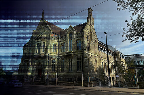 An image of the new town hall with digital data superimposed on it