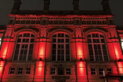Bedford Corn Exchange lit red