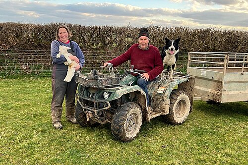 Steve Middleton on his farm with Councillor Cheryl Cottle-Hunkin and Moss