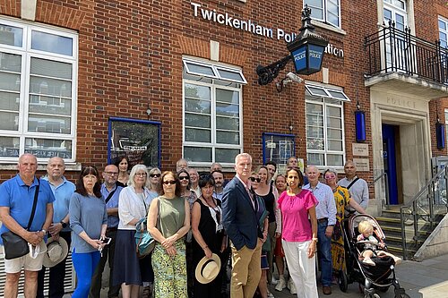 Munira Wilson MP, Gareth Roberts AM and local councillors in front of Twickenham Police Station