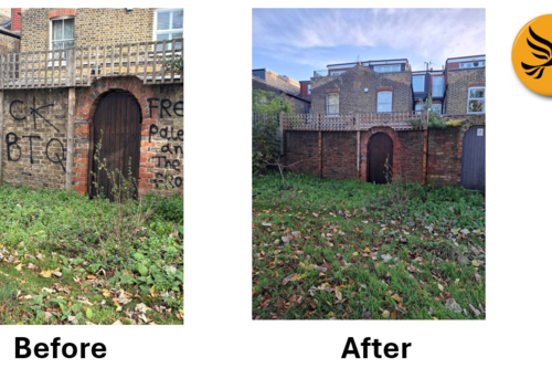 Before and after: Graffiti on a wall on Beaconsfield Gardens. 